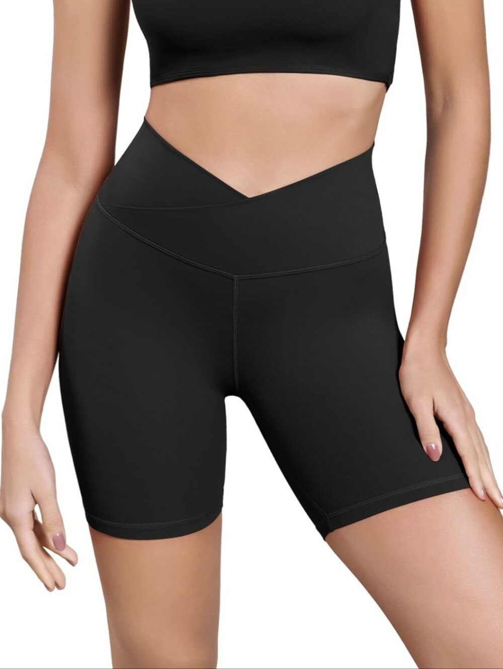 ODODOS Women's Cross Waist Yoga Shorts, 6" Buttery Soft Crossover High Waist